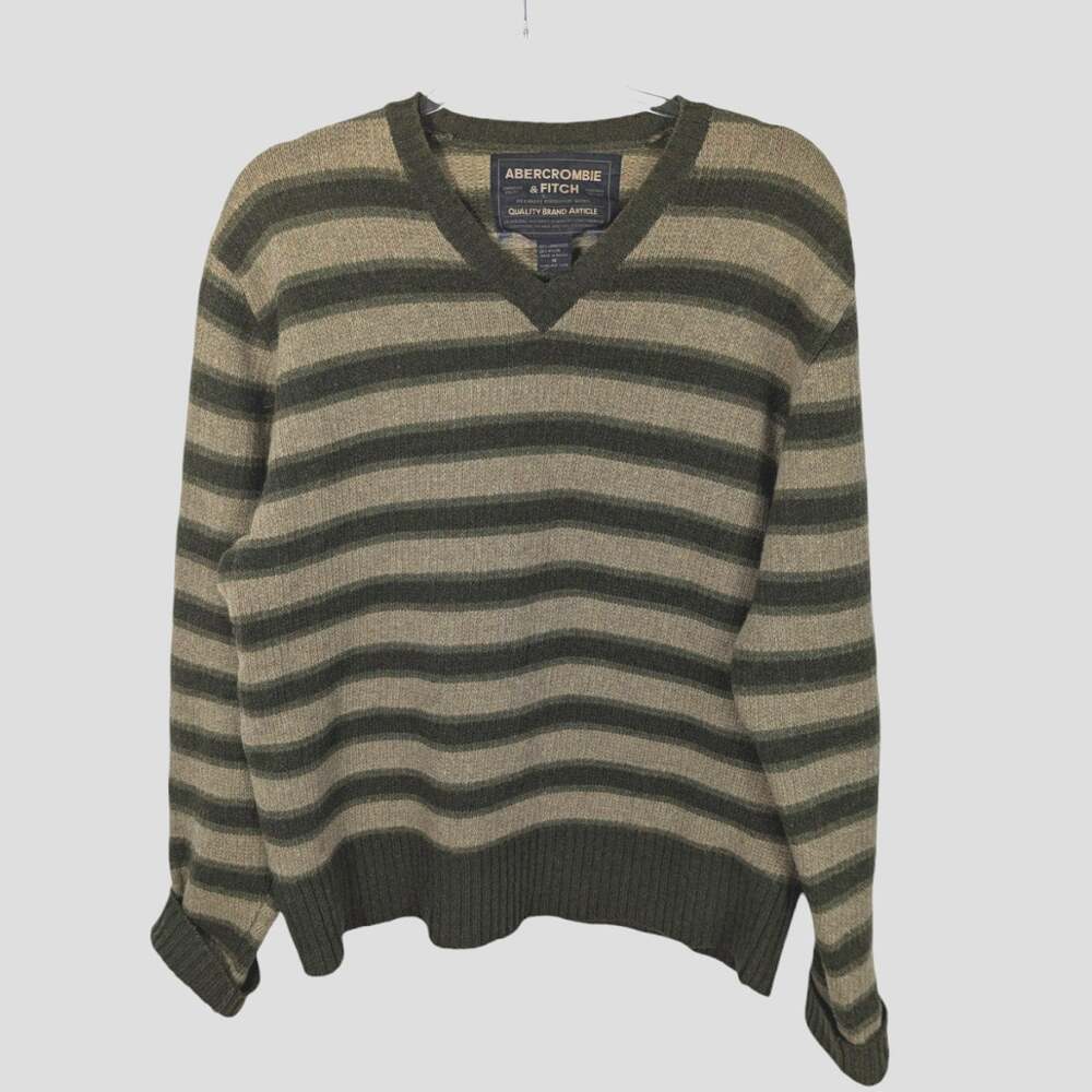 VTG Abercrombie & Fitch Wool Striped Men's V Neck Sweater Green Tan Preppy M